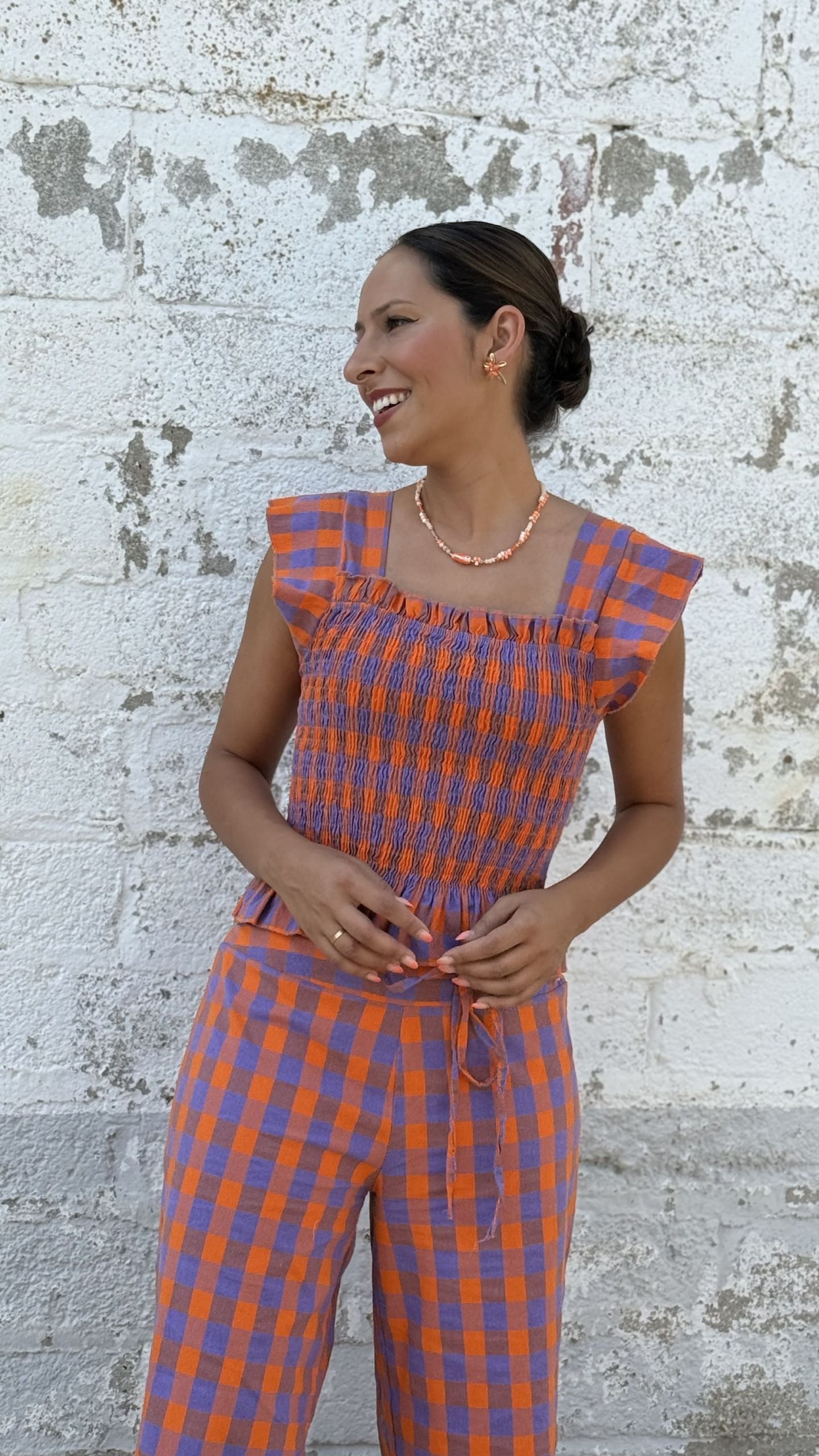 Top cuadros naranja y lila