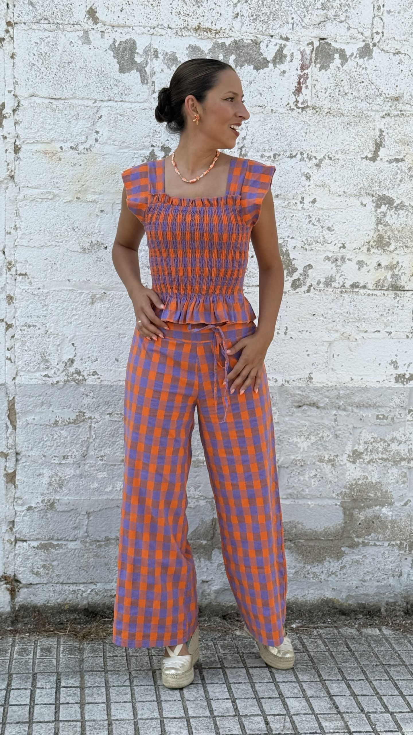Pantalón cuadros naranja y lila - Imagen 2